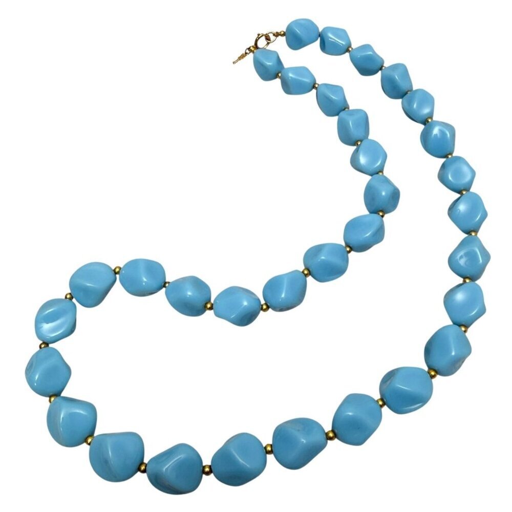 Vintage Crown Trifari Necklace Sky Blue Chunky Bead MCM Retro Faux Stone 22"